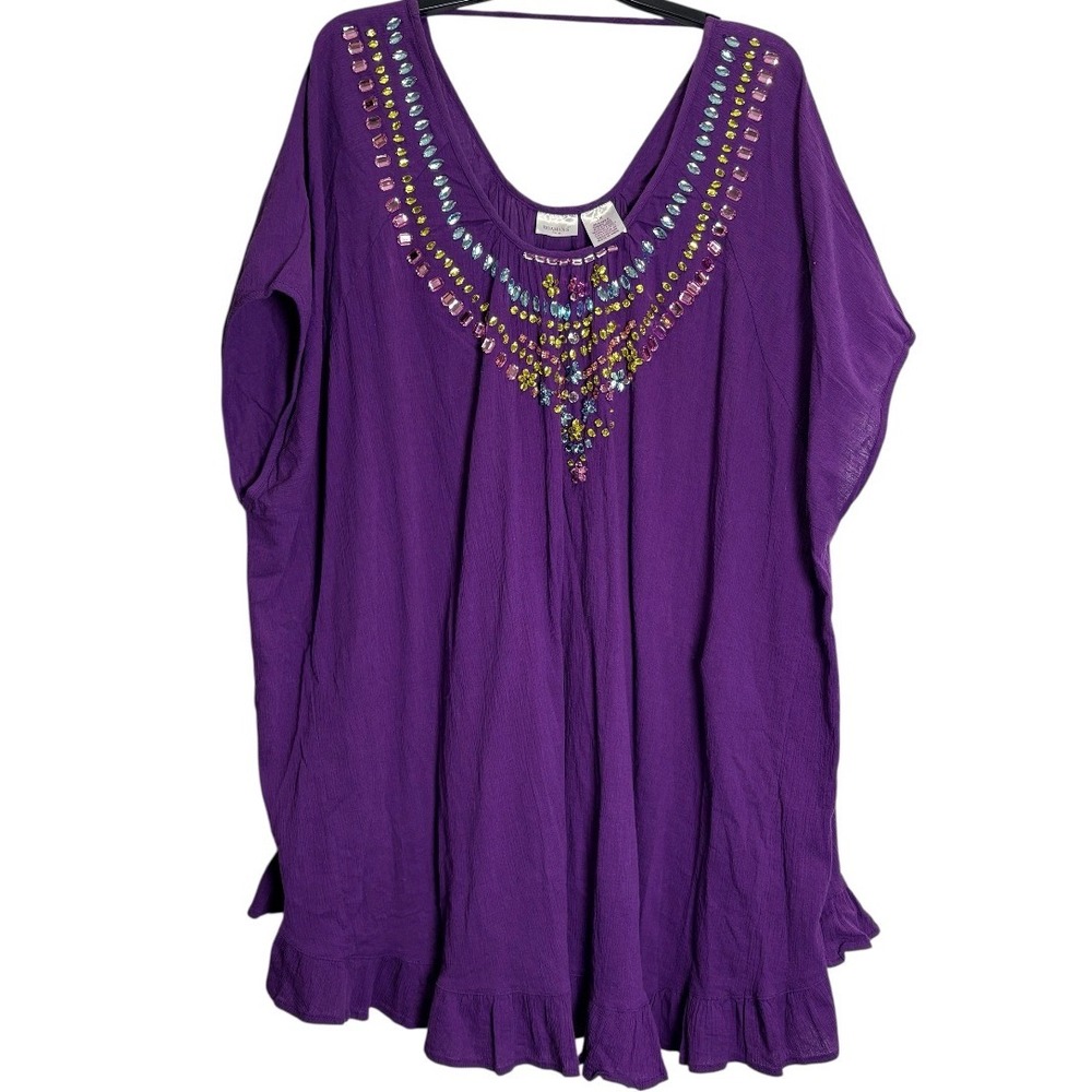 Roaman's Swim Coverup Women 3X Purple Beaded Rhinestone Ruffle Cotton Kaftan